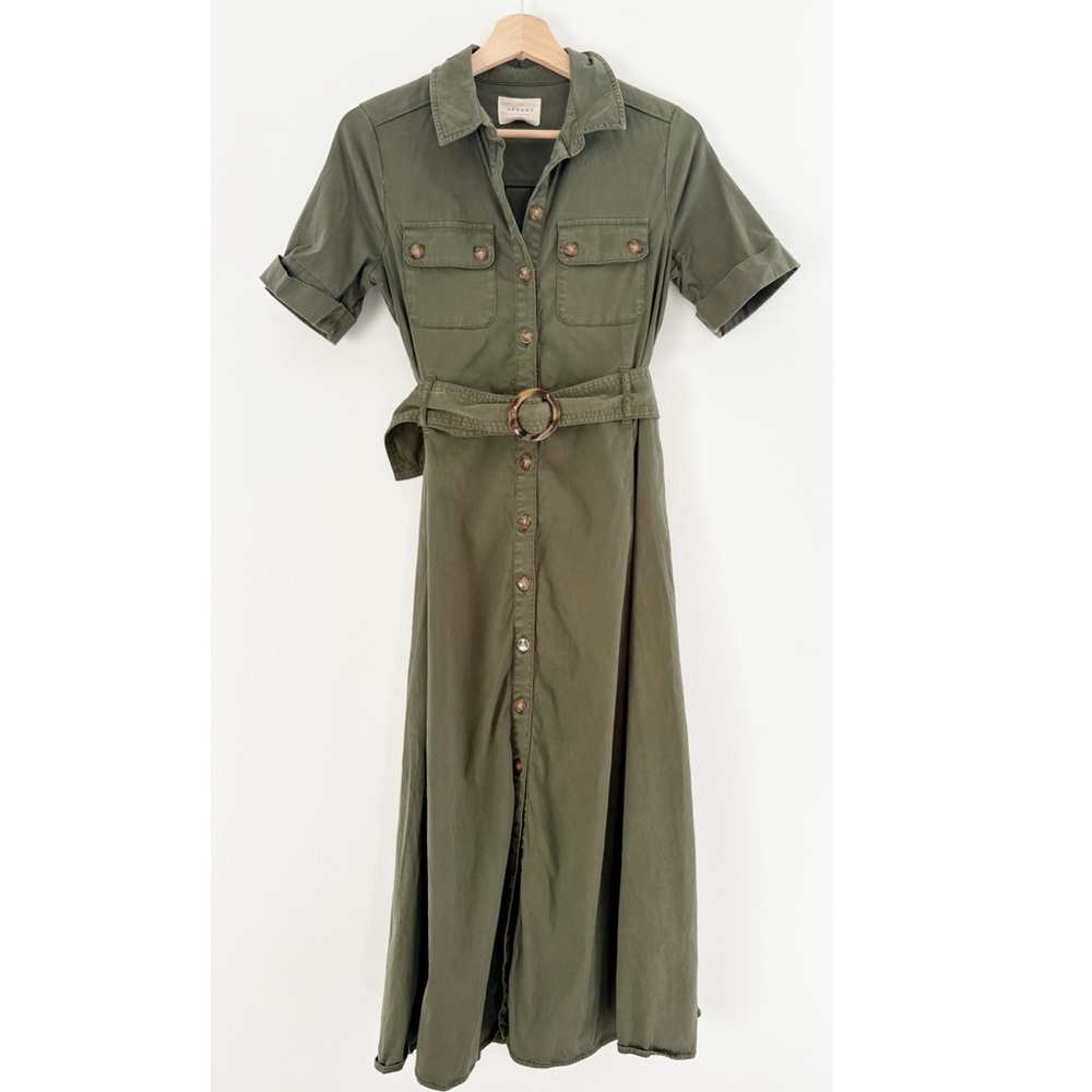 Sezane || Jeanette Dress Belted Button Front Midi Shirtdress Olive Green 34 US 2 - Picture 2 of 11